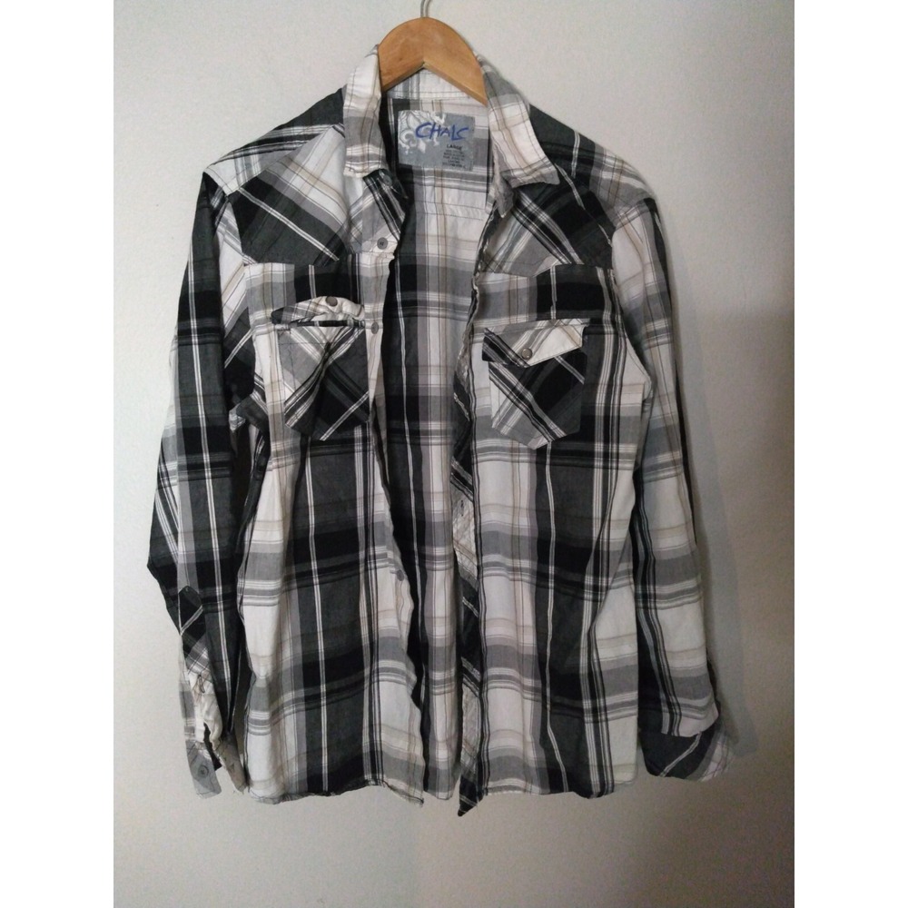 CHALC Button Down Shirt Mens L Large Casual Plaid Stripe Gray, Black, White